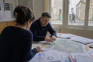 Two local French officials in a sunlit town hall, quietly analyzing maps and data, with everyday street life visible through old windows.