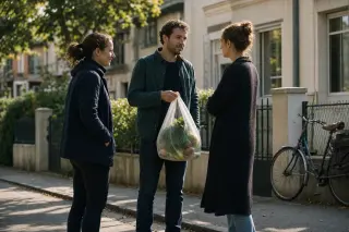 Three adults quietly exchanging groceries on a suburban French sidewalk, engaged in subtle conversation, soft sunlight creating an authentic, everyday atmosphere.
