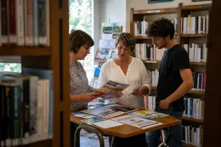 Three people quietly discussing community initiatives in a small rural library, natural daylight and shelves of used books visible.
