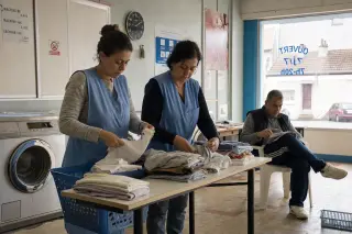 Three people in a French laundromat, absorbed in daily tasks, natural light coming through a window, conveying subtle tension and routine.