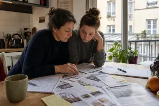 Two women in a Paris apartment kitchen discuss housing listings at a cluttered table with daylight streaming through a window.