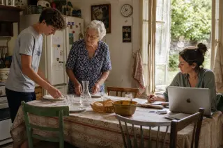Three-generation French family collaborating in a sunlit, modest kitchen, each absorbed in daily tasks around a worn wooden table.